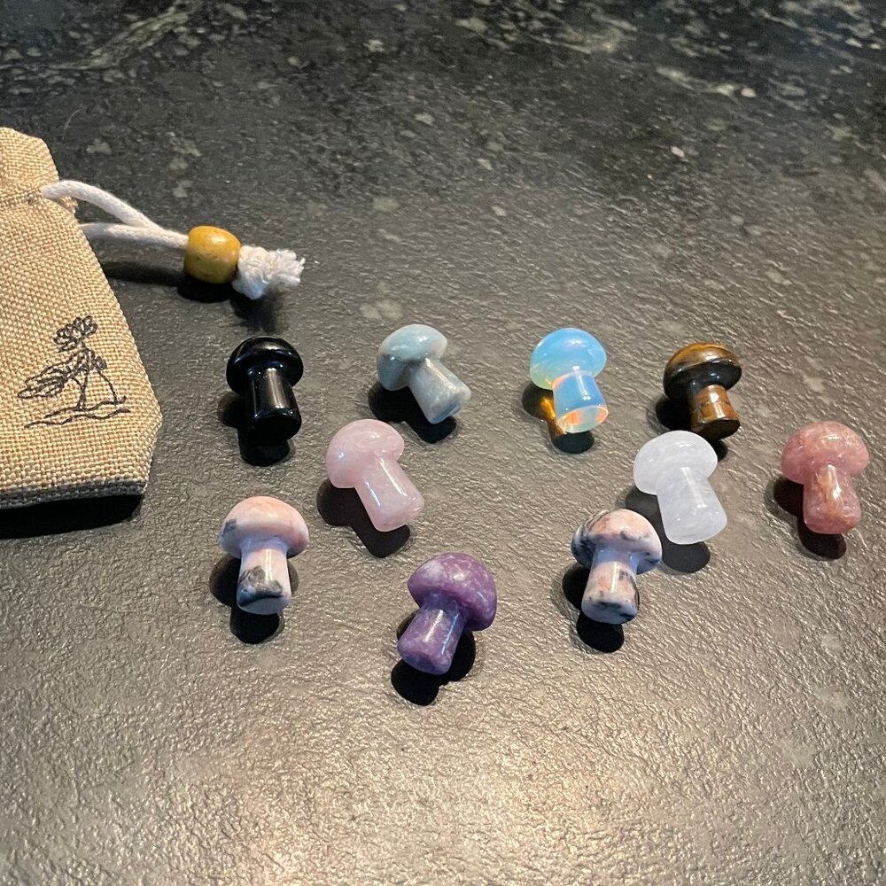 Ten Small Cute Carved Gemstone Mushrooms (NWOT)